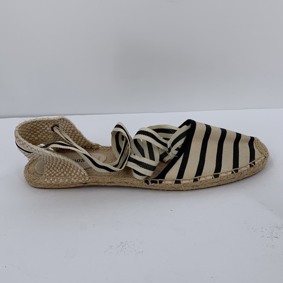 Soludos espadrille flat shoes canvas leg ankle tie cream black stripe 9.5 - Picture 5 of 7